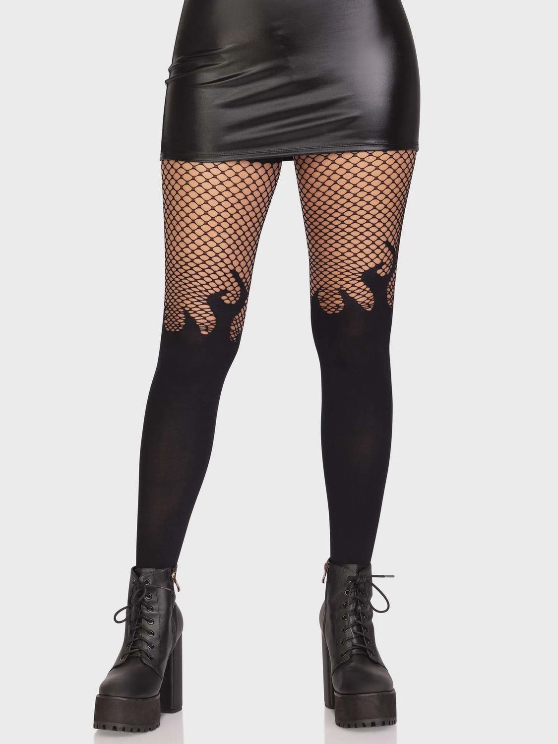 Opaque flame tights with fishnet top, Color: Black