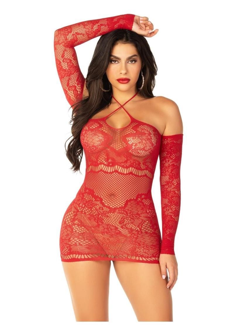 Leg Avenue Seamless Lace Net Off the Shoulder Mini Dress with Twist Halter Strap - OS - Red, Color: red