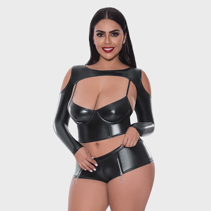 Liquid Onyx Camisole, Longsleeve Shrug &amp; Short Set Black, Size: 2XL