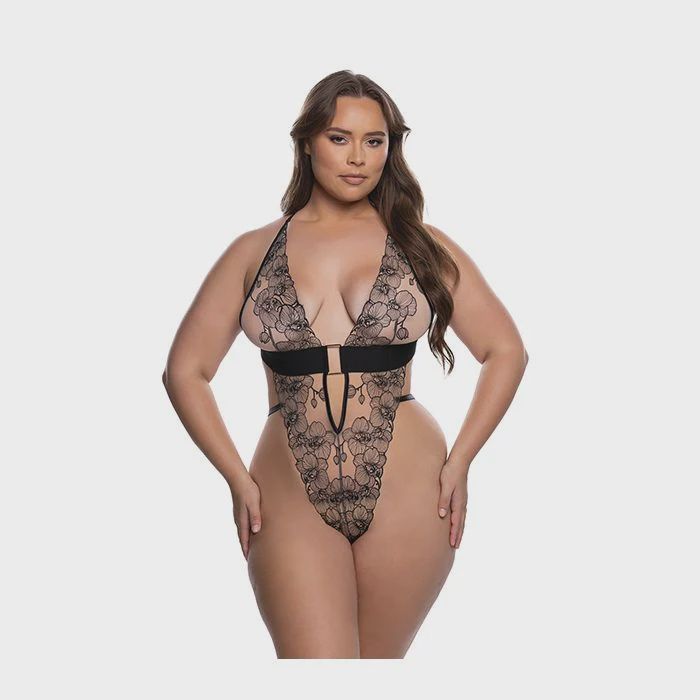 Orchid Blossom Embroidered Teddy - Black/Nude, Size: 1X