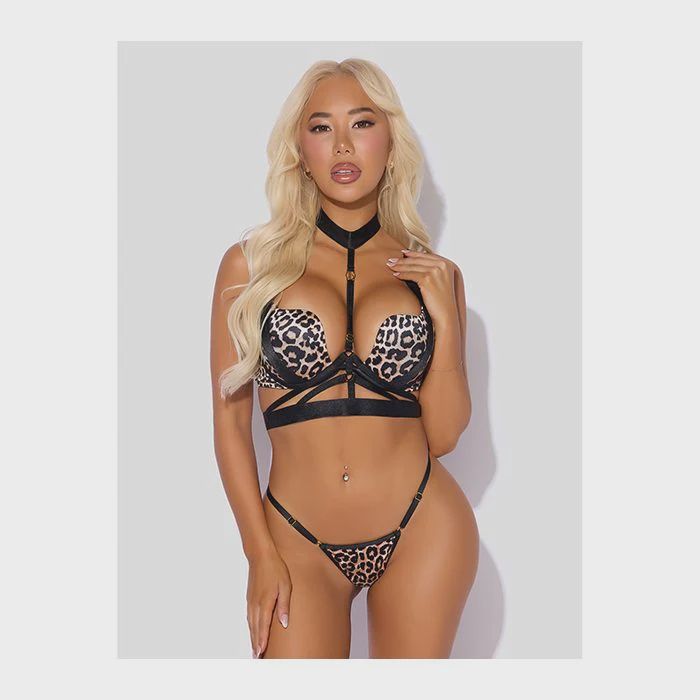 Devon Push Up Bra w/Harness &amp; G-String 3 pc Set - Leopard