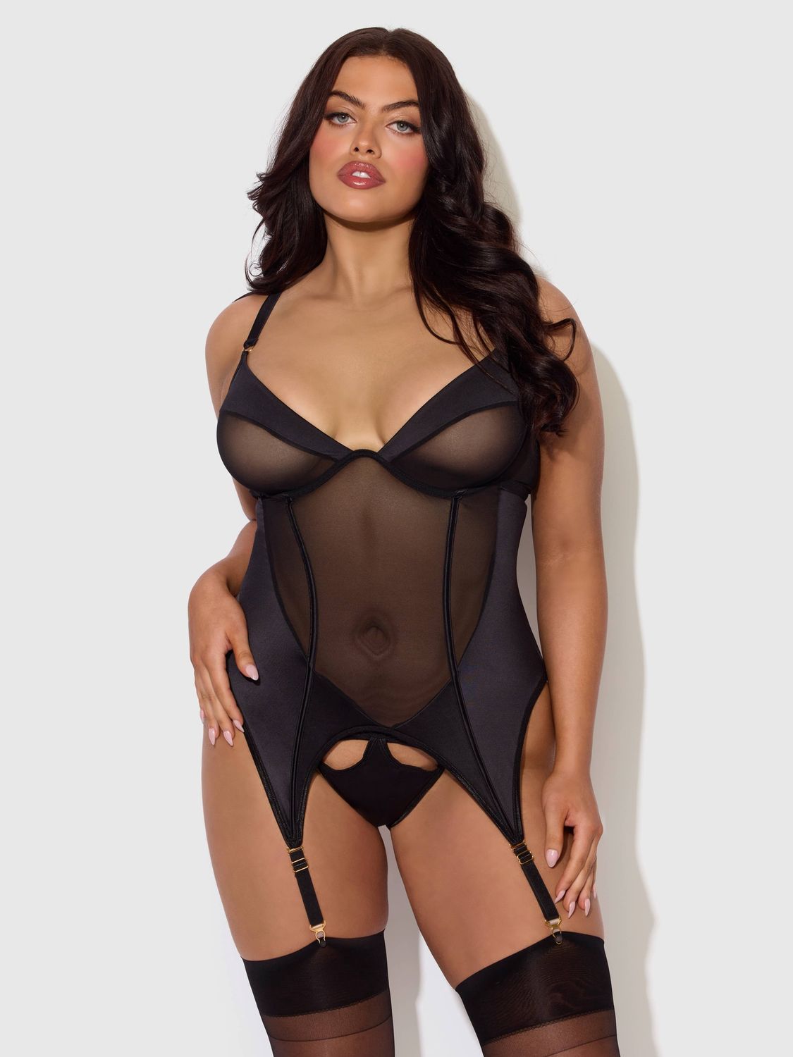 RAQUEL MESH &amp; SILKY MICRO UNDERWIRE BUSTIER &amp; BACKLESS TANGA SET, Color: BLACK, Size: 1X/2X