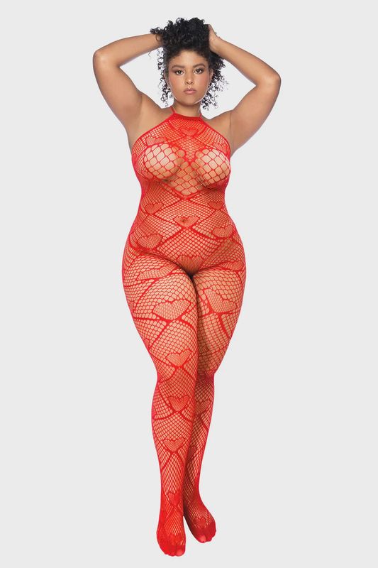 Heart Fishnet Boodystocking with Rhinestone details