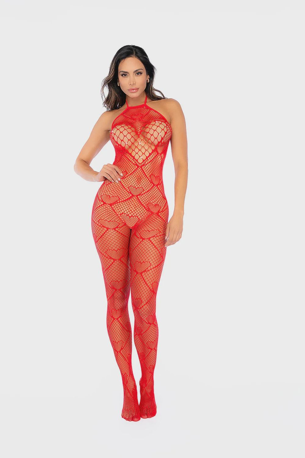 Heart Fishnet Boodystocking with Rhinestone details, Size: One Size