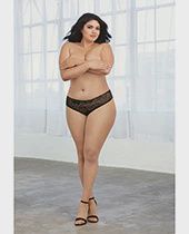 Stretch Lace Open Crotch Low Rise Short w/Ruffled Lace Back Detail Black, Color: Black, Size: 1X-2X