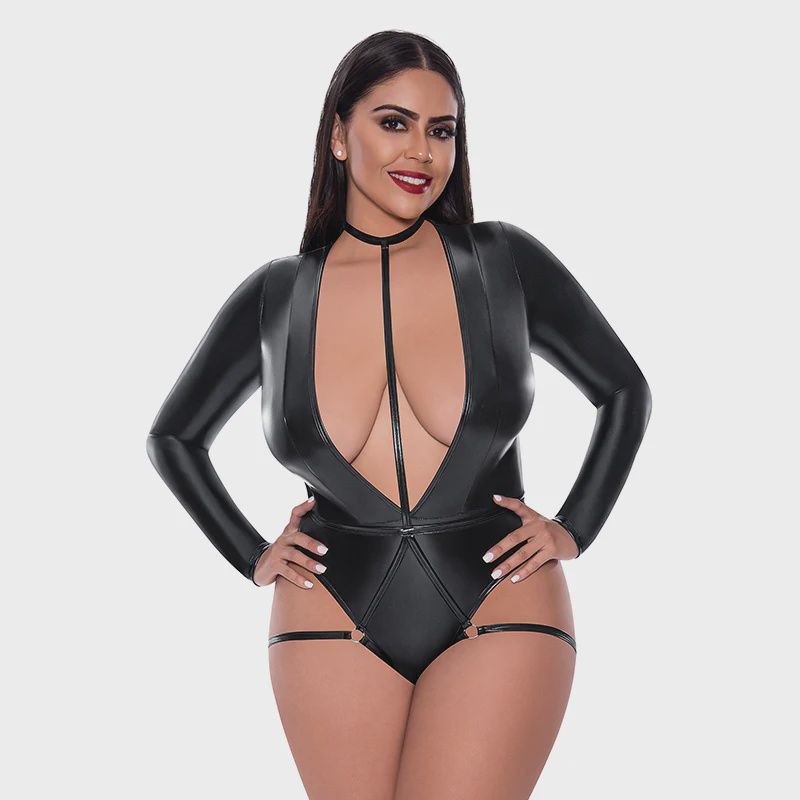 Liquid Onyx Long Sleeve Teddy with Harness Caging Black, Size: 2XL