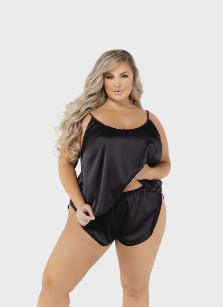 2pc Soft Satin Tulip Short Set, Color: Black, Size: 1X