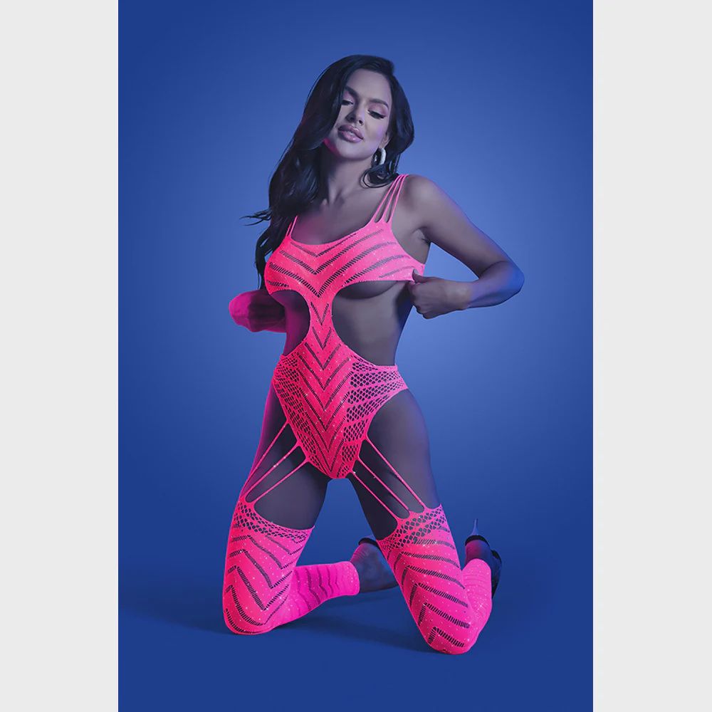 Wavelength Cutout Rhinestone Teddy Bodystocking, Size: O/S