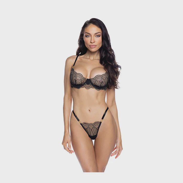Beaded Belle Metallic Embroidery w/Bead Lace Underwire Top &amp; Panty 2 pc Set - Black/Gold