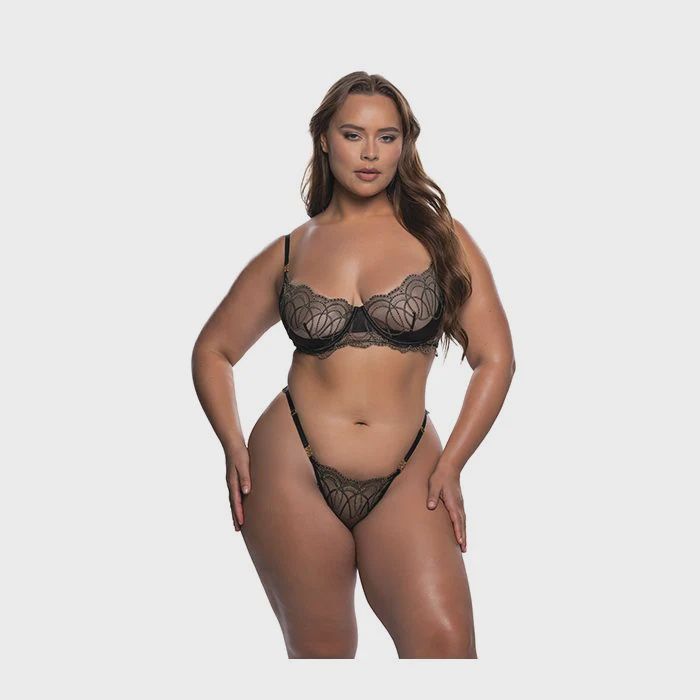 Beaded Belle Metallic Embroidery w/Bead Lace Underwire Top &amp; Panty 2 pc Set - Black/Gold, Size: 1X