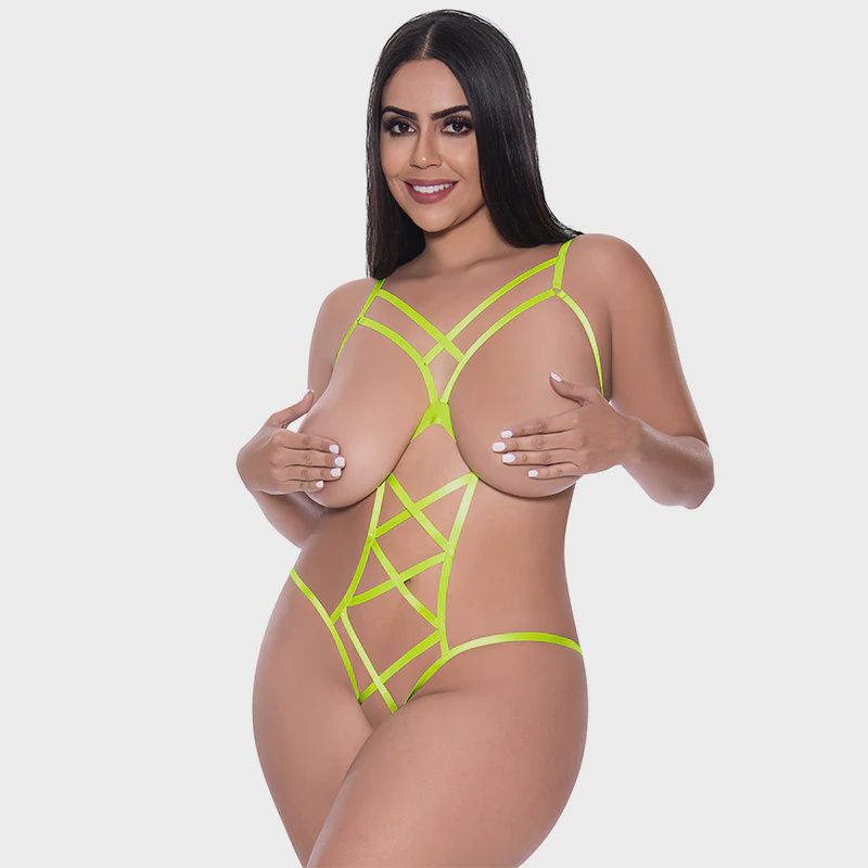Strap Tease Cupless &amp; Crotchless Teddy Yellow, Size: 2XL