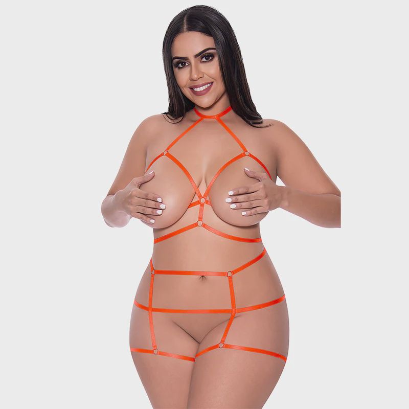 Strap Tease Cupless Choker Bra &amp; Open Cage Short Orange, Size: 2XL