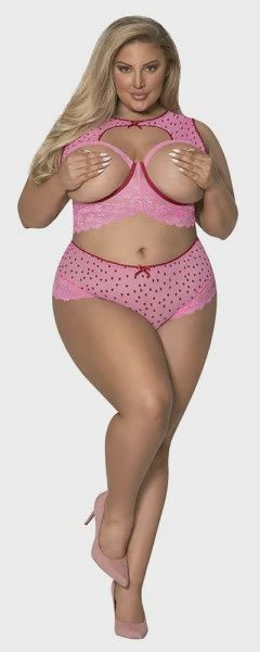 Open Cup High Neck Bra &amp; Split Crotch Skirt Panty, Size: 1-3X