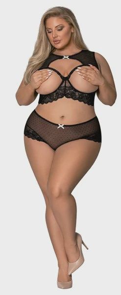 Open Cup High Neck Bra &amp; Split Crotch Skirt Panty - Black, Size: 1-3X