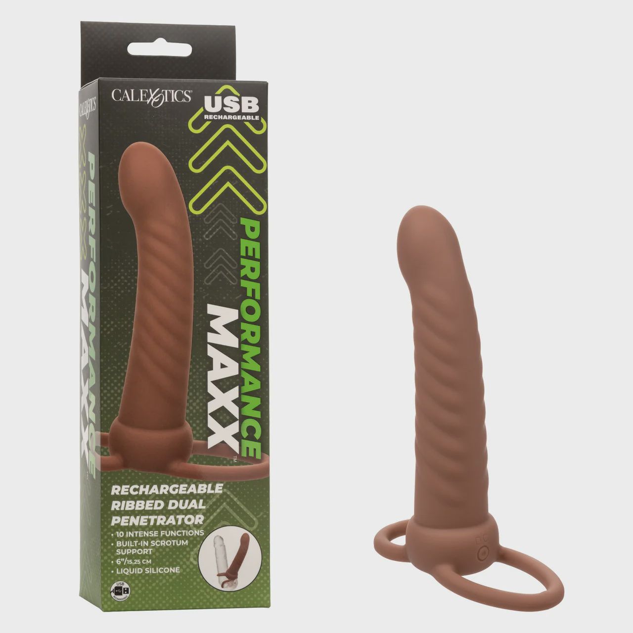 Performance Maxx Rechargeable Silicone Ribbed Dual Penetrator Extender, Color: Chocolate