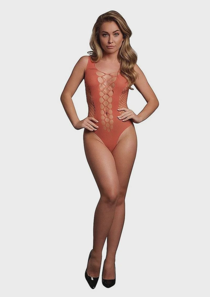 Le Desir V-Neck Teddy with Opaque Panels - Sunset Glow Orange, Size: OS