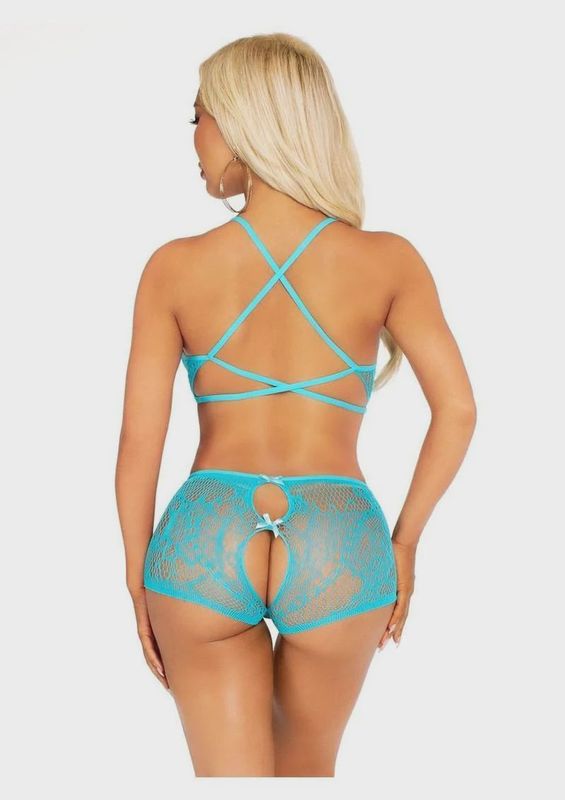 Leg Avenue Strappy Lace Bra Top and Boyshorts with Keyhole Back and Mini Bow Detail (2 Piece) - O/S