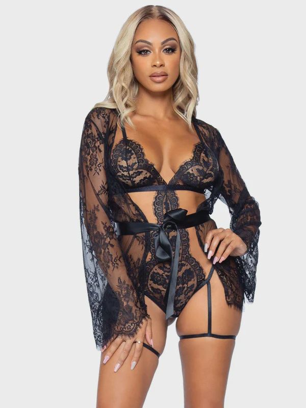 All Romance Lace Teddy &amp; Robe Set, Color: Black, Size: Small