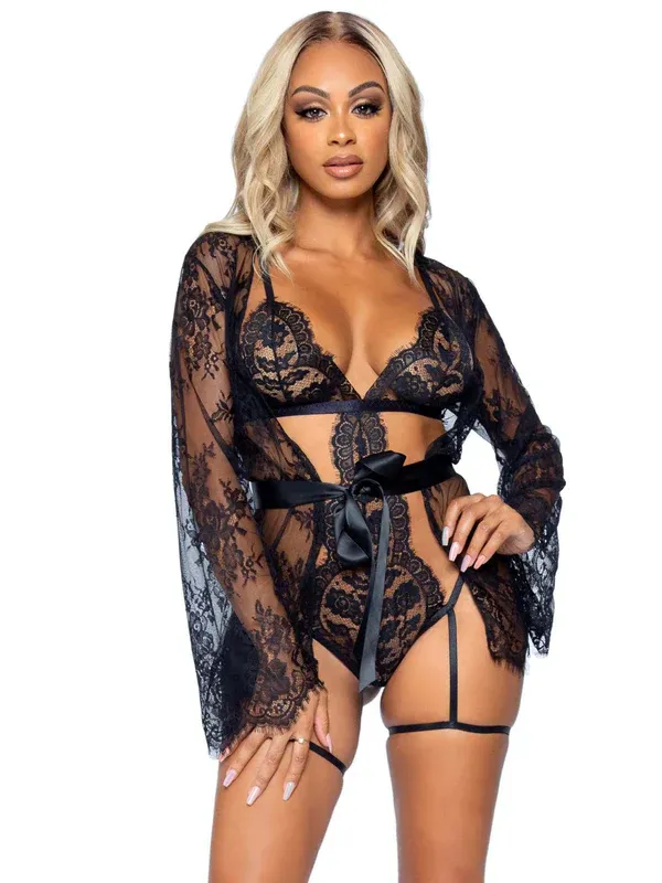 All Romance Lace Teddy &amp; Robe Set, Color: Black, Size: Small