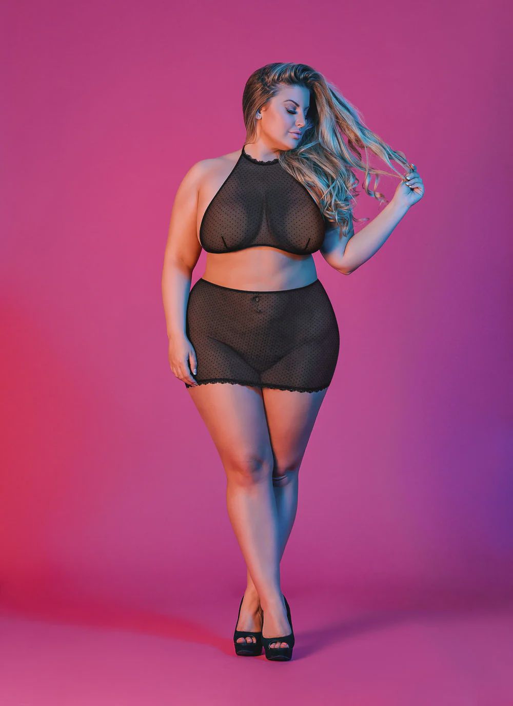 Sexy Time Polka Dot Mesh Halter and Skirt Set - Black, Size: 1X-3X