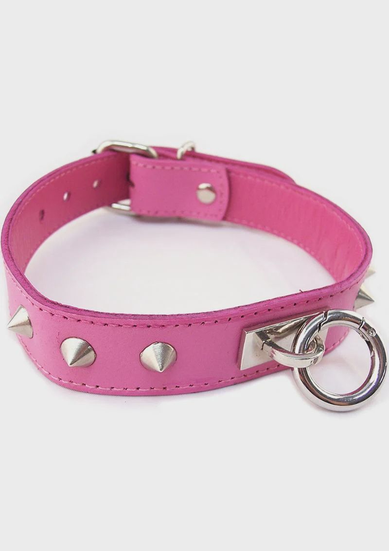 Rouge O Ring Studded Adjustable Leather Collar - Pink, Color: Pink