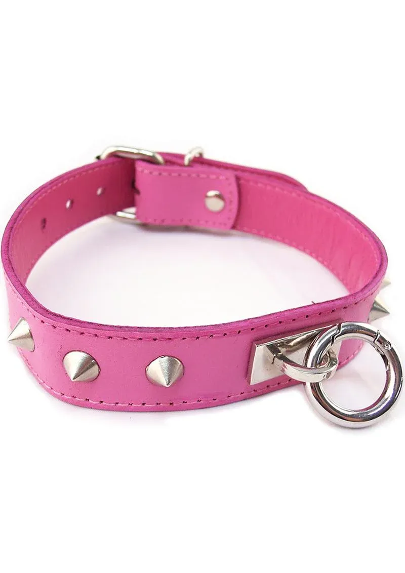 Rouge O Ring Studded Adjustable Leather Collar - Pink, Color: Pink