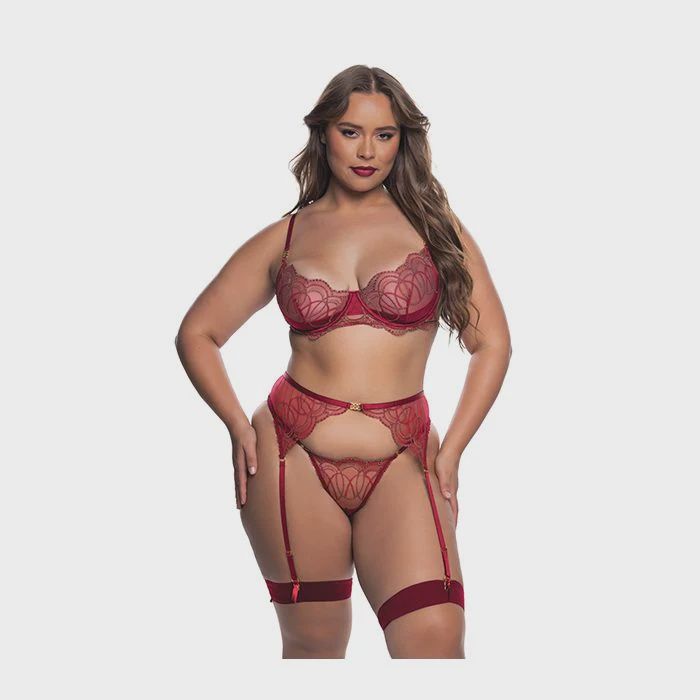 Beaded Belle Metallic Embroidered w/Bead Lace Top, Thong &amp; Garter 3 pc Set - Red, Size: 1X