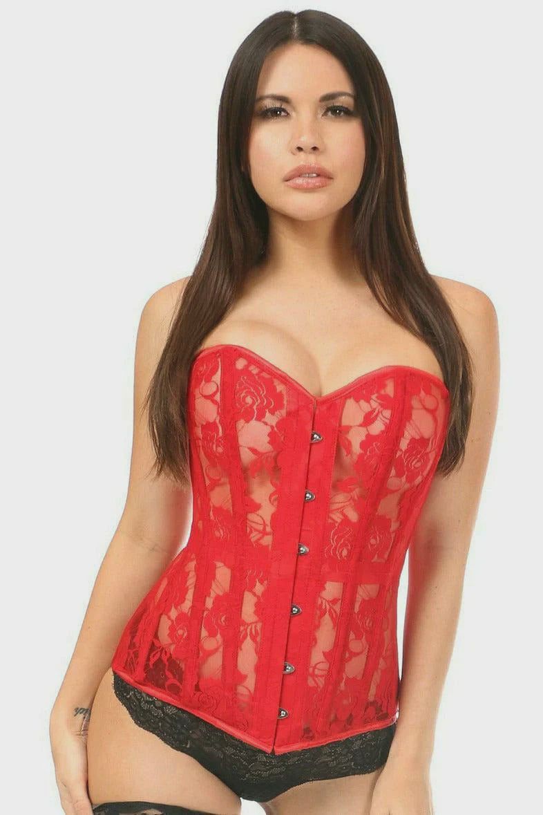 Lavish Red Sheer Lace Over Bust Corset, Size: 2X