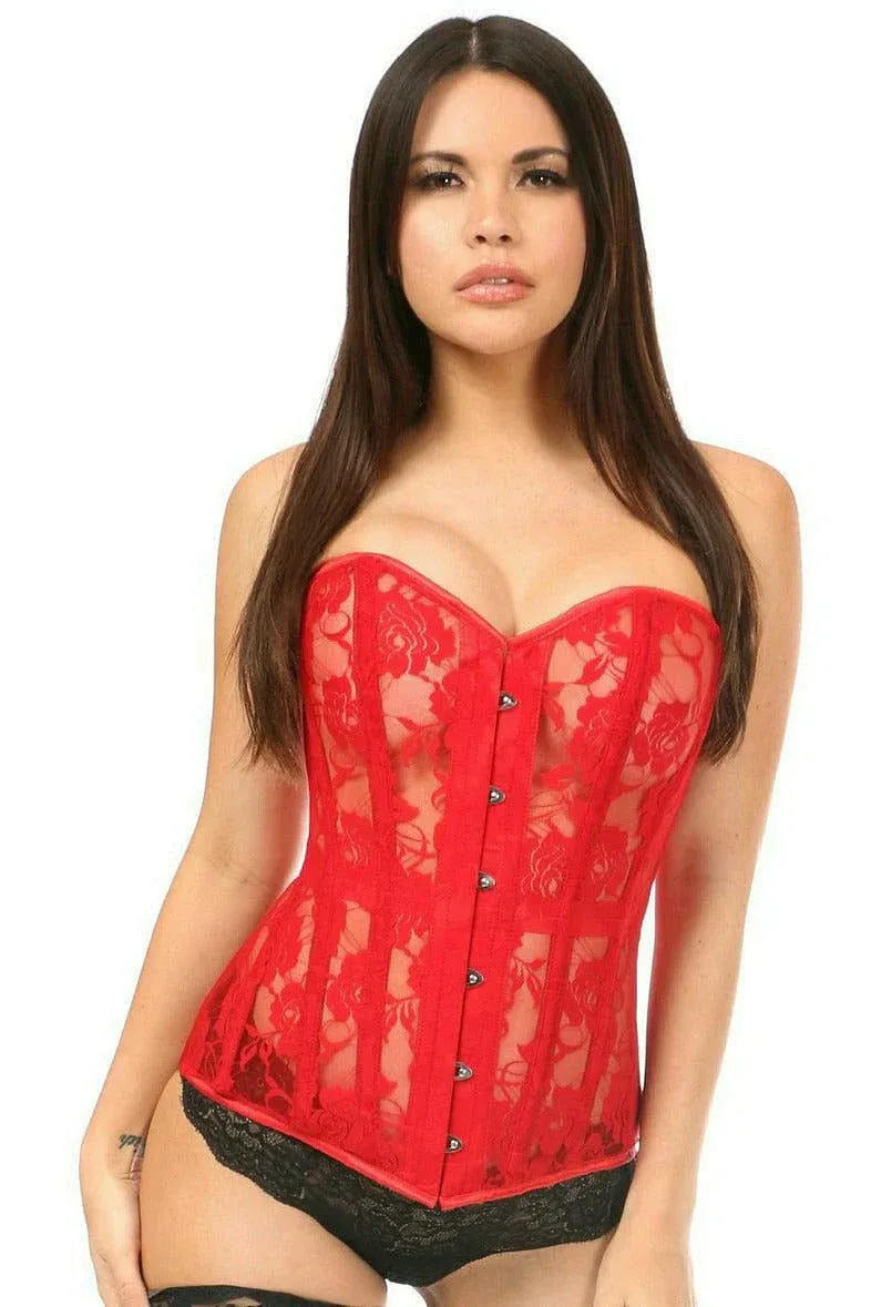 Lavish Red Sheer Lace Over Bust Corset, Size: 2X