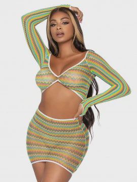 2 Pc Zig Zag Net Crop Top and Mini Dress - One Size, Color: Green