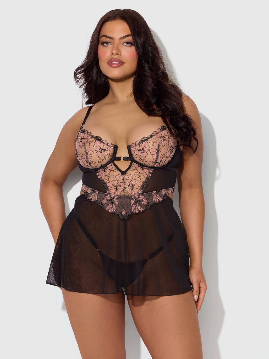 NOVA BLACKLIGHT LACE BABYDOLL &amp; G-STRING SET, Color: BLACK, Size: 1X/2X
