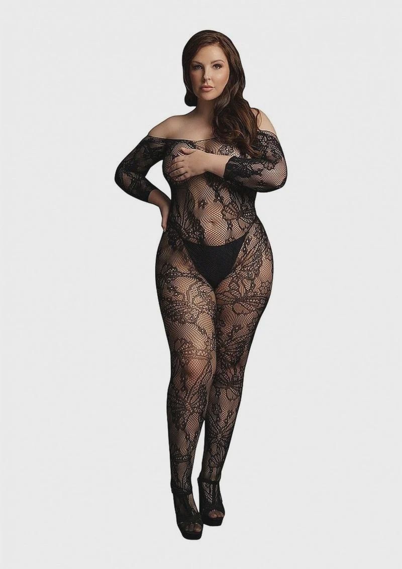 Le Desir Lace Long Sleeved Bodystocking, Color: Black, Size: OS