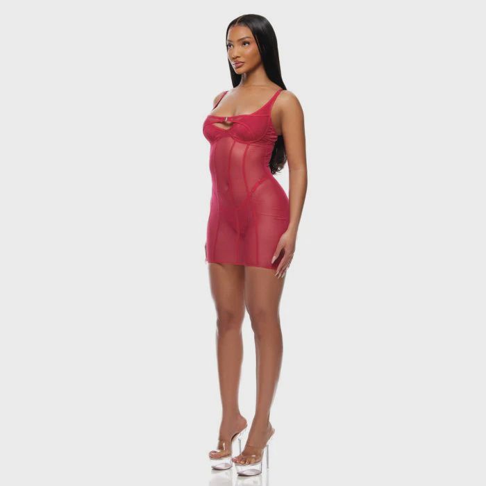 Layers To This Sheer Mesh and Knit Chemise w/Thong 2 pc Set - Pink