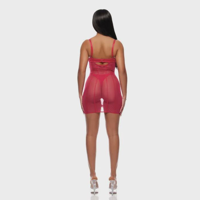 Layers To This Sheer Mesh and Knit Chemise w/Thong 2 pc Set - Pink