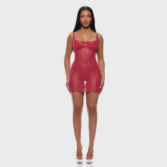 Layers To This Sheer Mesh and Knit Chemise w/Thong 2 pc Set - Pink, Size: Small