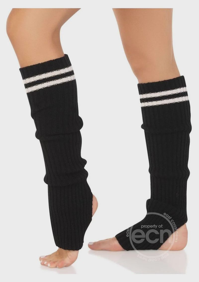 Ribbed Stirrup Leg Warmers with Athletic Stripe - O/S, Color: Black