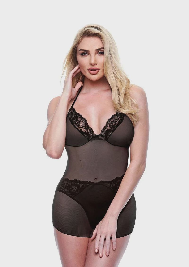 2PC ECO CHEMISE &amp; PANTY SET BLACK, Size: S/M