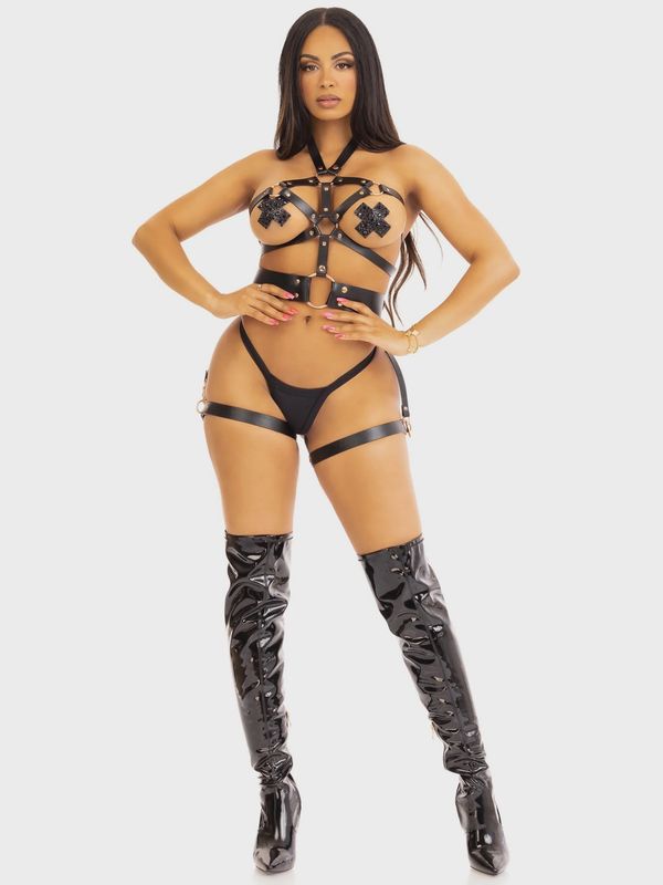 Vegan Leather O-Ring Studded Body Harness with Garters and Detachable Back Handle