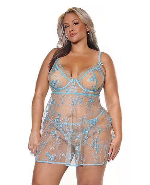 Blue Blossom Underwire Babydoll w/G-String, Size: 1-x-2-x