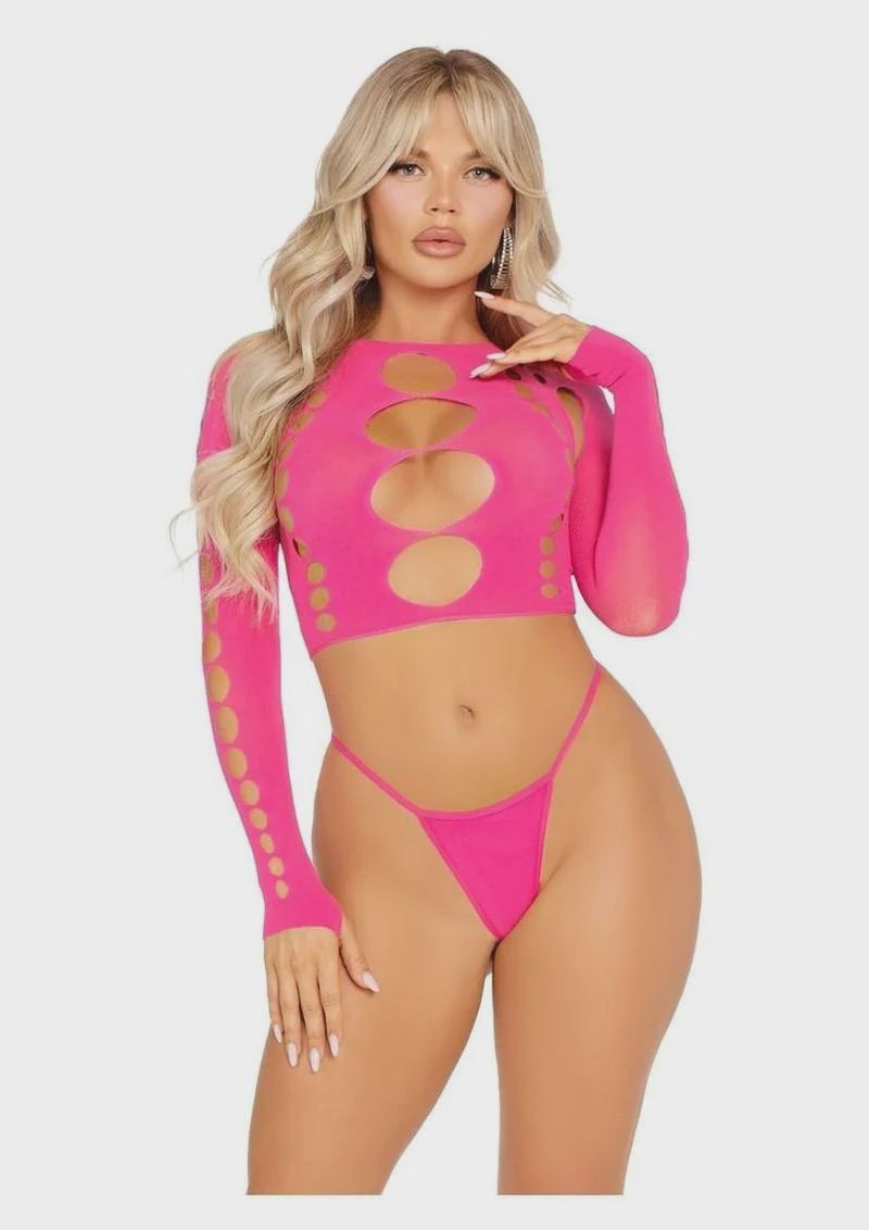 Leg Avenue Seamless Cut Out Long Sleeve Crop Top and G-String Panty - O/S, Color: pink