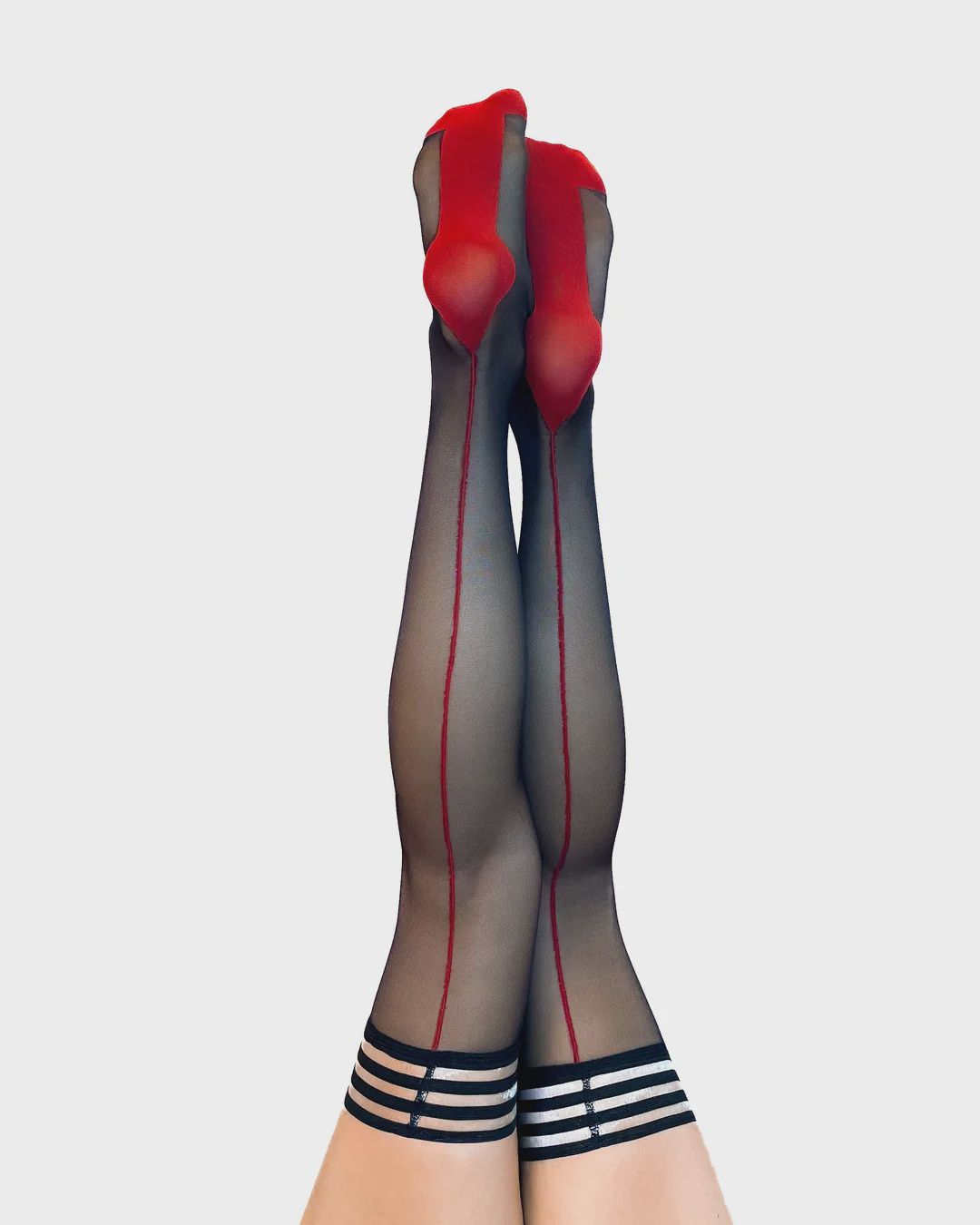 NEW! Ginny: Sheer Black with Red Back Seam. Petite to Plus Size Thigh-Highs