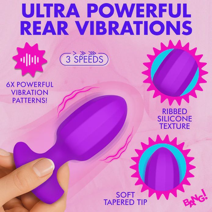 Ribbed Vibrating Silicone Butt Plug - Purple