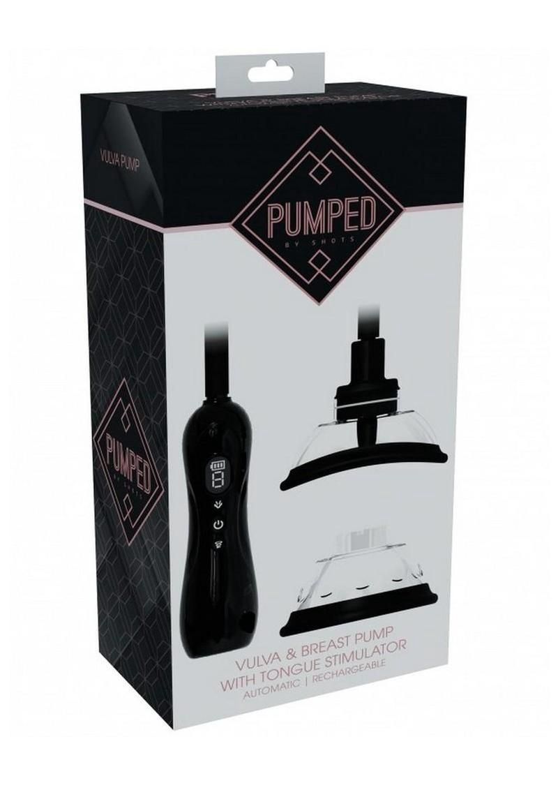 Pumped Automatic Rechargeable Vulva and Breast Pump with Rotating &amp; Vibrating Tongue - Black