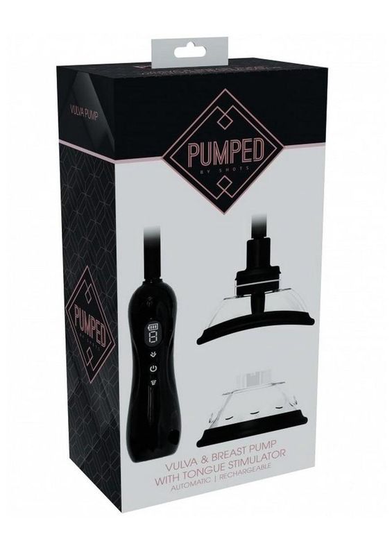 Pumped Automatic Rechargeable Vulva and Breast Pump with Rotating &amp; Vibrating Tongue - Black
