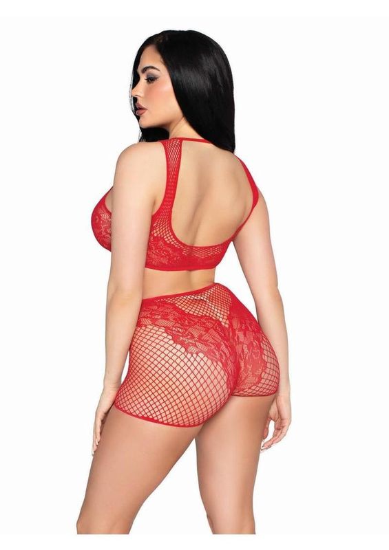 Leg Avenue Net and Lace Crop Top and Matching Boy Shorts (2 Piece) - OS - Red
