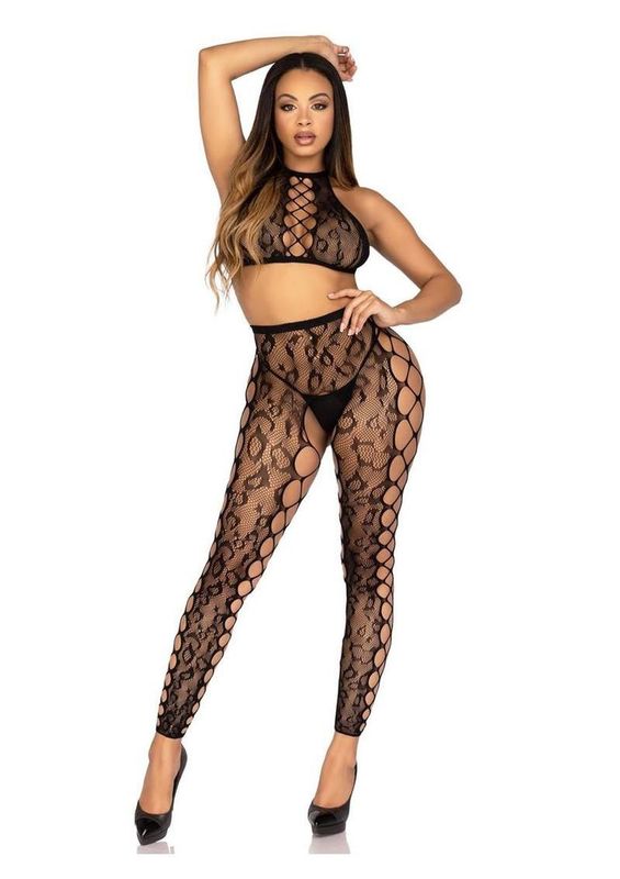 Leopard Net Crop Top and Crotchless Footless Tights with Faux Lace-Up 2 Piece O/S - Black