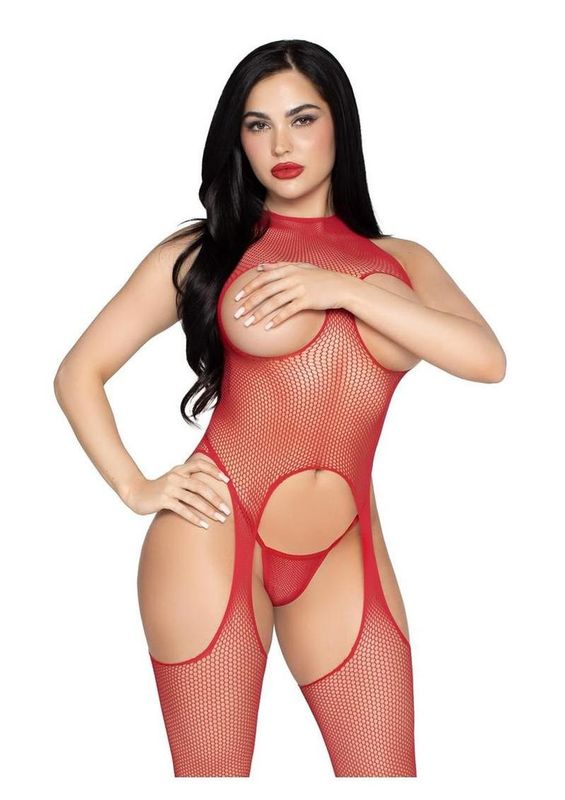 Circle Net Cupless Suspender Lingerie Jumpsuit and Matching Panty (2 Piece) - O/S