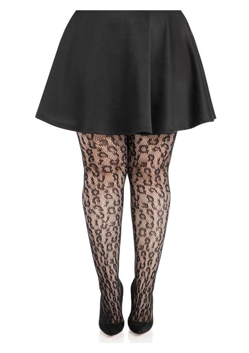 Leg Avenue Leopard Net Tights - 1X/2X - Black
