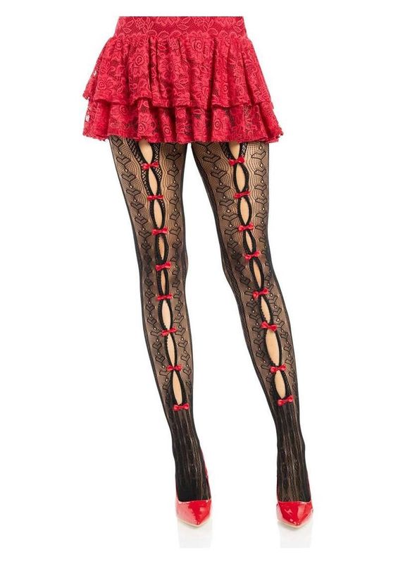 Leg Avenue Sweetheart Striped Net Tights with Keyhole and Mini Bow Detail - O/S