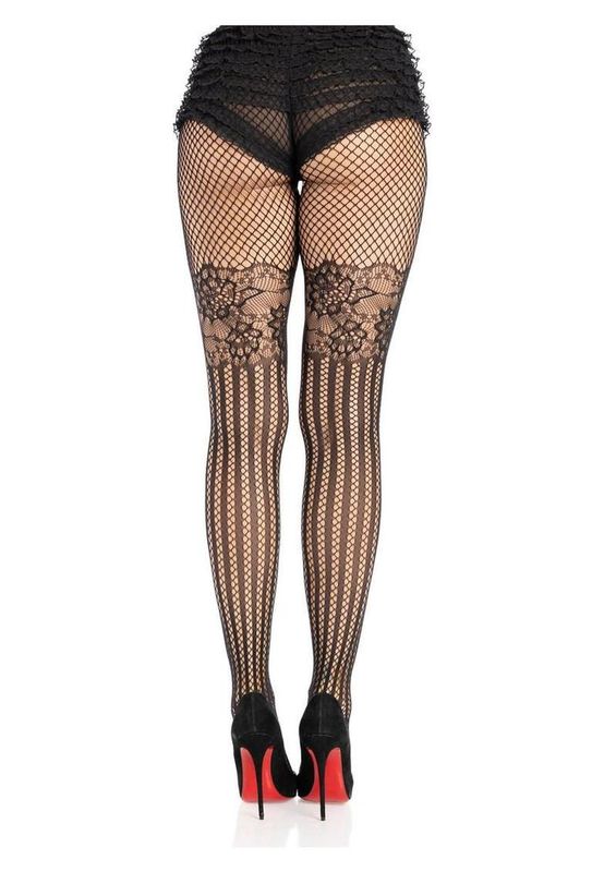 Leg Avenue Illusion Lace Top Net Striped Tights - O/S - Black